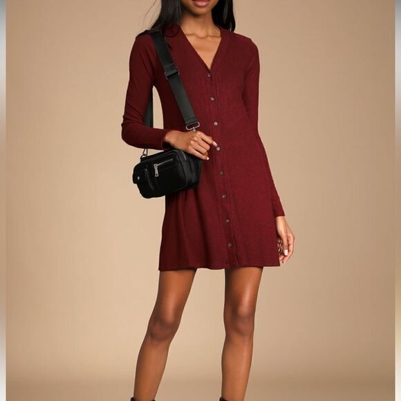 Lulus Sweet Comfort Burgundy Knit Sweater Dress - Picture 1 of 9